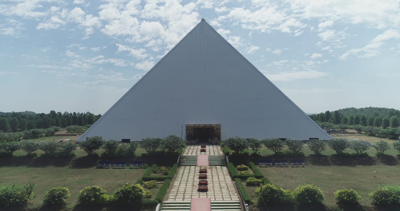 Hyderabad meditation pyramid, frontal view along the paved approach