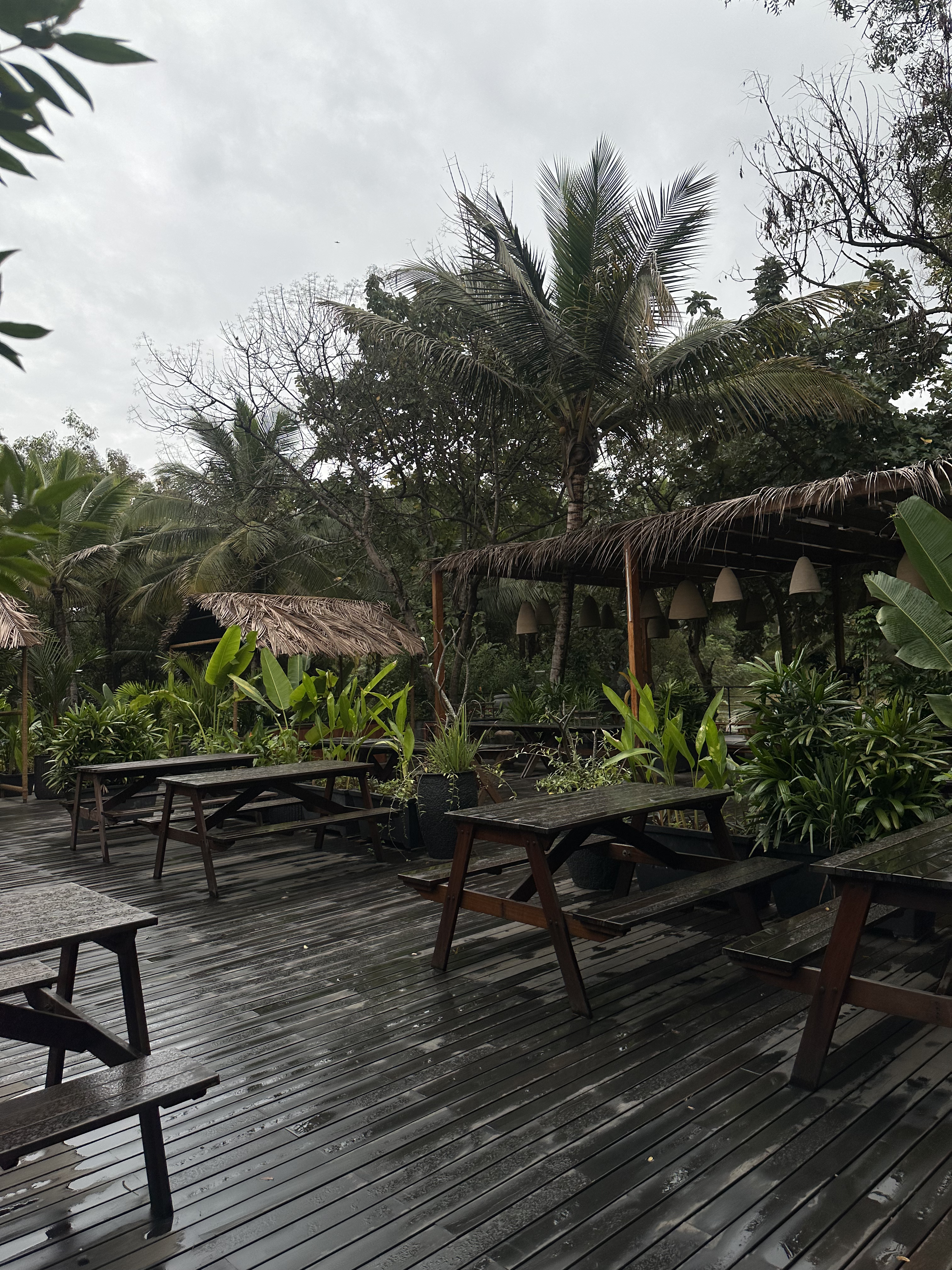 Thatched-roof open pavilion with wooden picnic seating on a wet deck among tropical planting