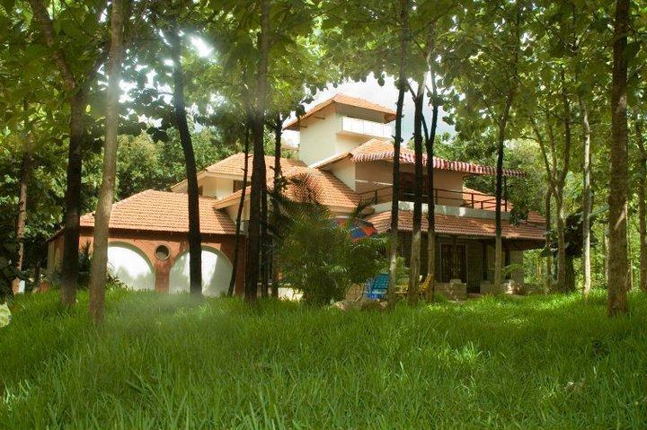White farmhouse with sloped terracotta tile roofs among tall forest trees