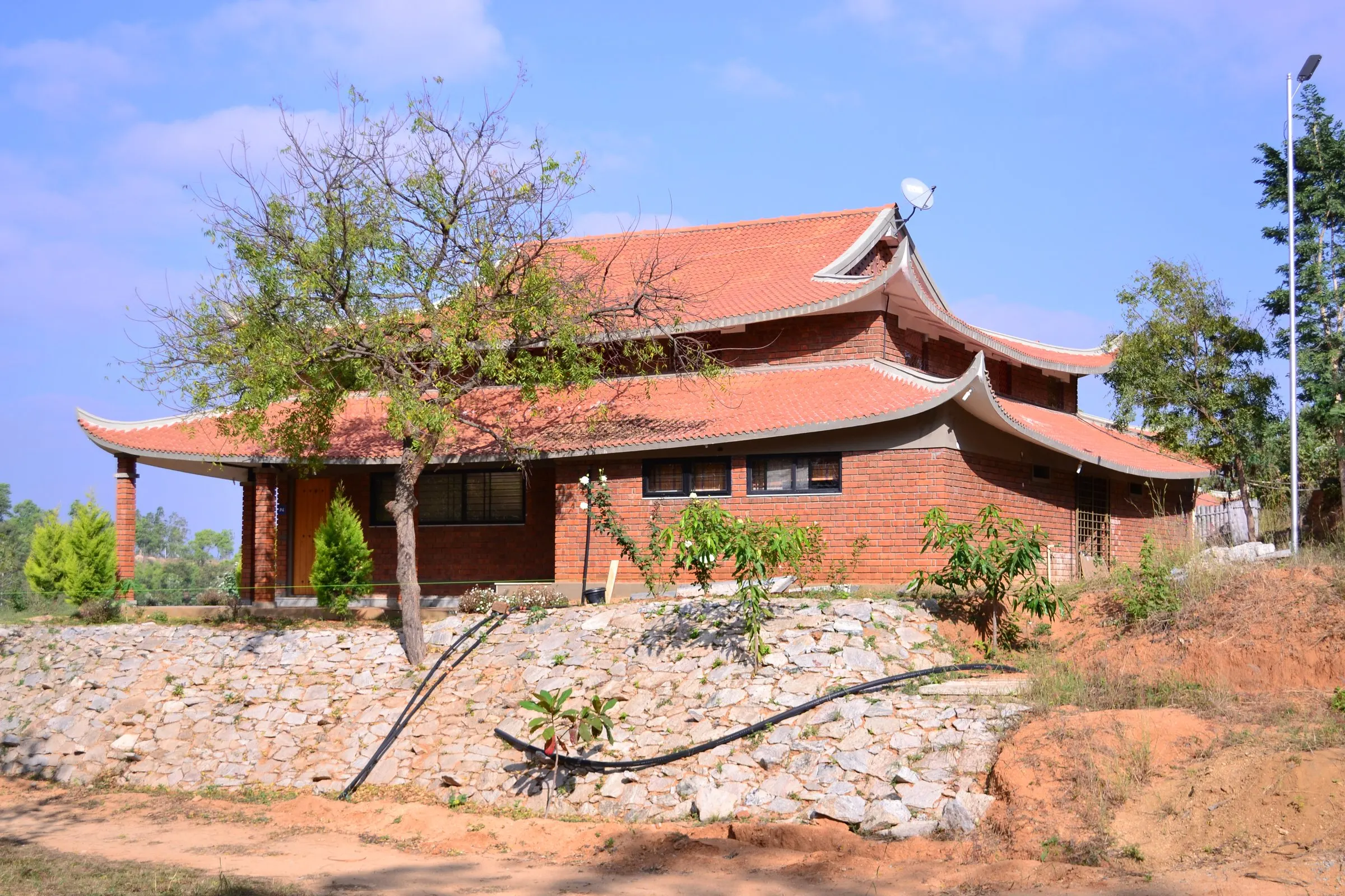 A cottage with curved pagoda eaves behind a flowering tree