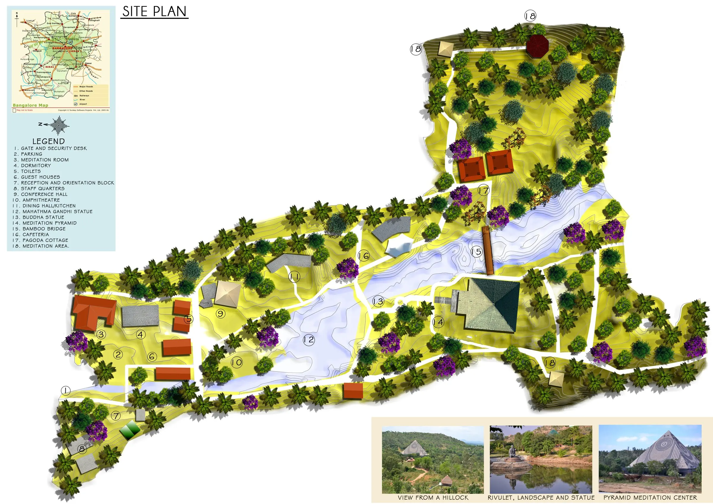 Site plan of the Pyramid Valley campus, with its legend, landscape and meditation pyramid